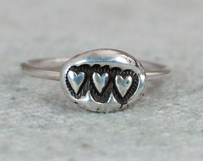 Unique Mothers Ring, 3 Heart Ring, Three heart ring, Tribal Ring, Bohemian Ring, Silver Ring, Sterling Ring, Stacking Ring, gypsy ring
