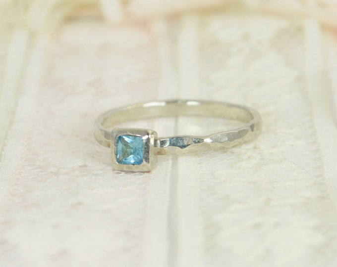 Square Aquamarine Engagement Ring, 14k White Gold, Aquamarine Wedding Ring Set, Rustic Wedding Ring Set, March Birthstone, Solid Gold