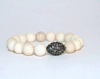 Cream Riverstone Beaded Bracelet, Riverstone Cubic Zirconia Bead Bracelet, White Friendship Bracelet, Riverstone Beads, Riverstone Jewelry