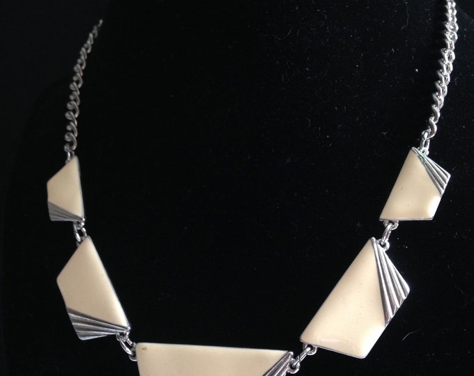 Storewide 25% Off SALE Vintage Silver Tone Geometric Enamel Set Designer Necklace Featuring Classic Mid Century Design