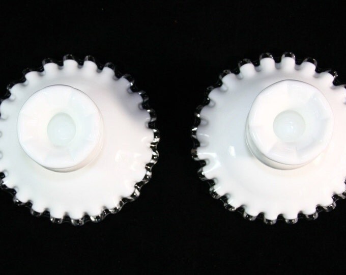 Storewide 25% Off SALE Vintage Fenton Silver Crested White Milk Glass Candle Holder Set Featuring Clear Ruffled Design