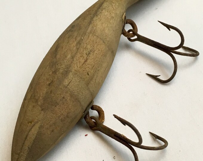 Storewide 25% Off SALE Antique Large Double Hook Primitive Heddon Fishing Lure Featuring Natural Wooden Hand Carved Design