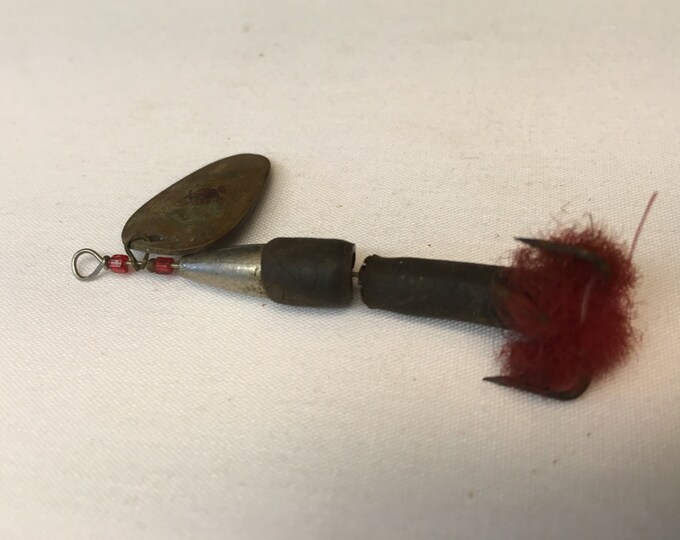 Storewide 25% Off SALE Vintage Metal Shaft Spinner Fishing Lure Hook Featuring Black Segments With Red Plumage Design End