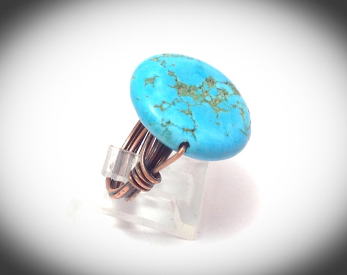 Large copper button wire wrapped ring - Turquoise