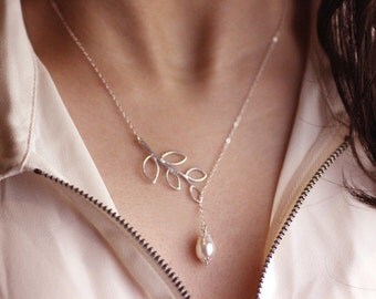 ON SALE! Lariat Branch Pear-Shaped Pearl Personalize Leaf Necklace,Elegant Modern Lariat Y White Pearl Branch Leaf Wedding Jewelry BL201-N50