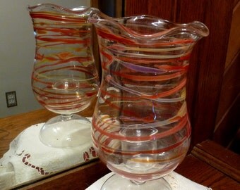 Etched HSP 11" Striped Glass - Fluted Scalloped Tulip Rim - Footed HURRICANE VASE / Candle Holder plus Glass Votive Candle Holder