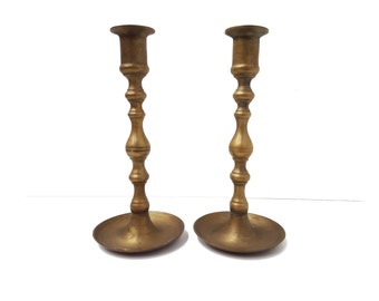 Pair Vintage Brass Detailed Candlestick Holders - Solid Brass