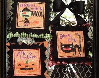 BIRDS OF A FEATHER "Halloween Icons" | Whimsical Counted Cross Stitch Pattern | Halloween, Autumn, Black Cat, Wicked Witch, Jack-O-Lantern