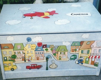 town toy box, storage, boys hand painted toy box, children's toy box