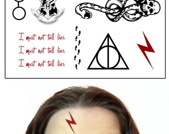 Harry Potter Temporary Tattoos - Fancy Dress costume, Mudblood, Hogwarts, I must not tell lies, Scar, Glasses, Griffindor, Dark Mark