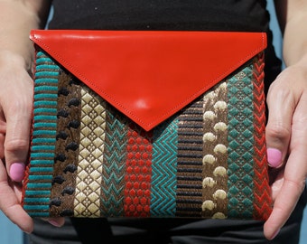Elegantly small evening purse, envelope style, shiny red leather and Indian embroidered fabric, perfect Mother's Day gift, made in the USA