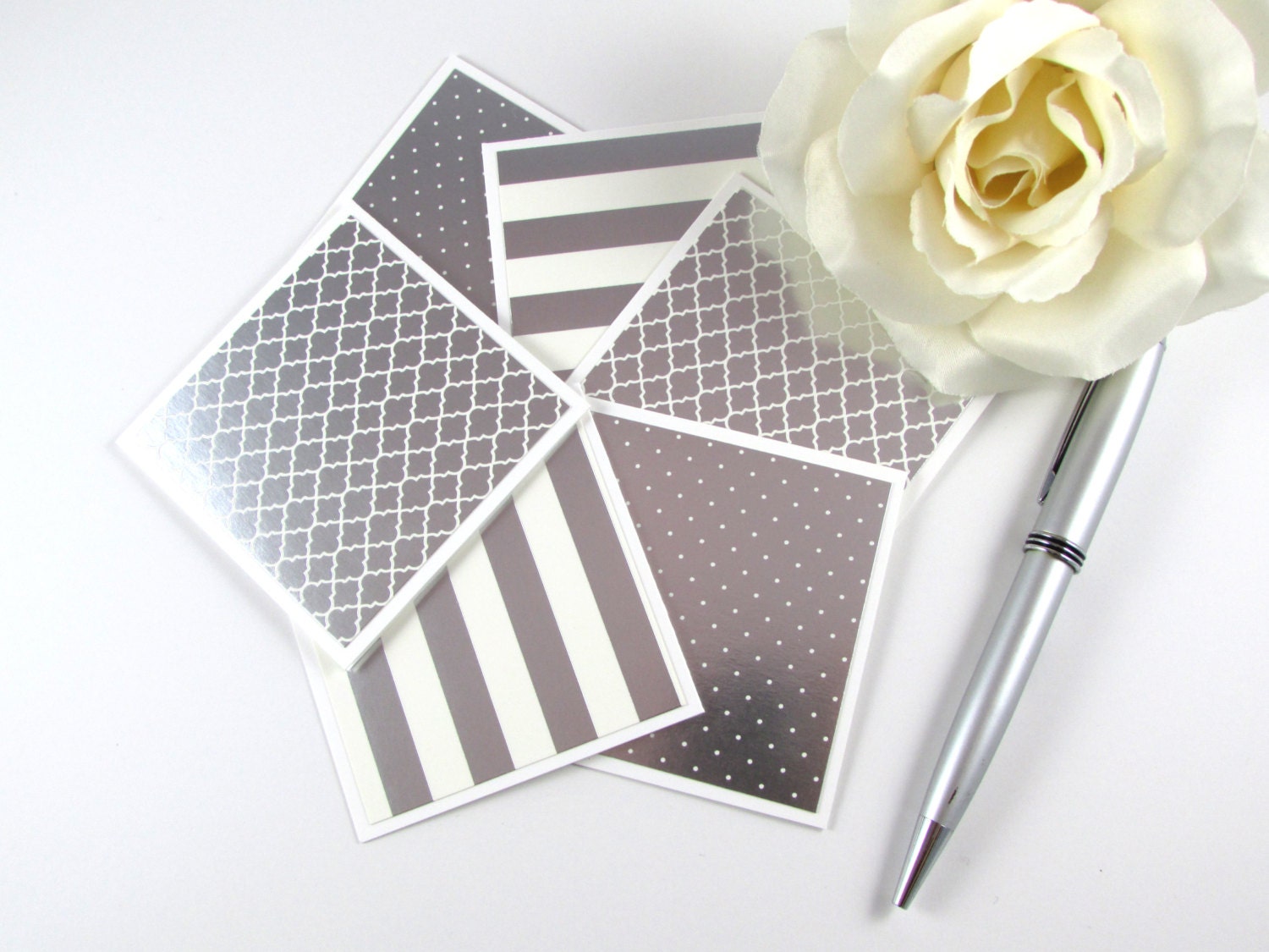 Mini Note Cards Set of 6 Silver Foil Note Cards Stationery
