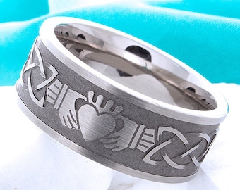 Titanium Claddagh Ring Irish Celtic Titanium Wedding Band Promise Anniversary Celtic Claddagh Comfort Fit Band Mens Womens Ring Sizes 4-16