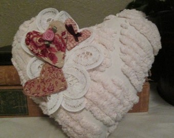 Chenille Fabric Heart , Pink Chenille Heart Pillow Embellished with Fabric Hearts , Vintage Fabric , Embellished Heart , Room Decoration