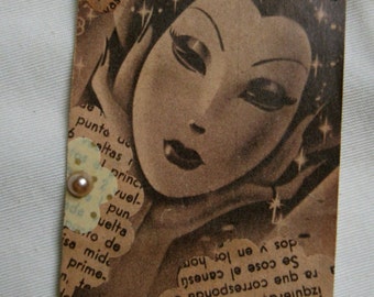 Gift tag.Collage.Altered tag.Paper collage,Sepia.Brown.Yellow.Beige.Regalo. Handmade gift.Vintage tag.Hang tag.Ephemera.Yellow flower.Pearl.