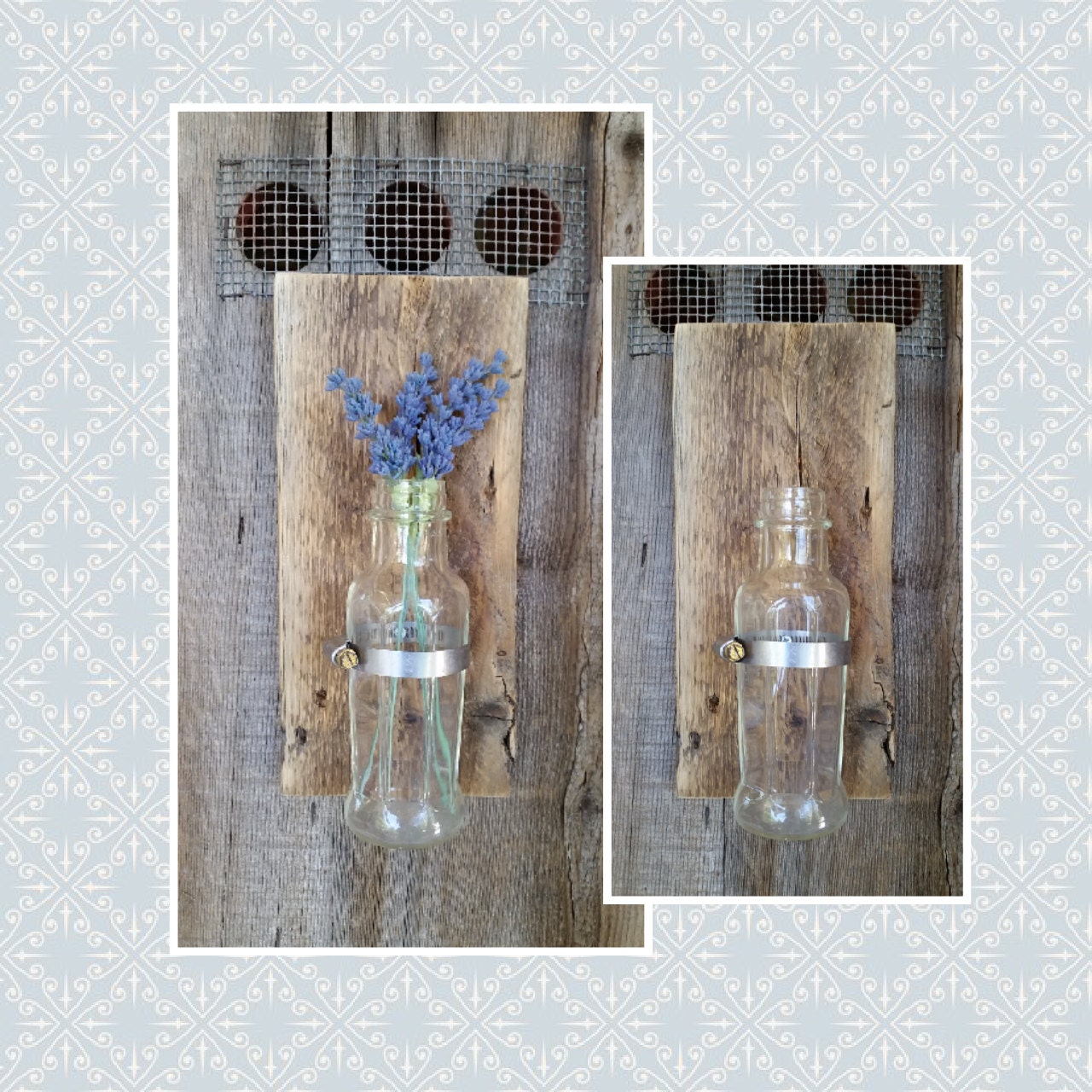 Rustic Wooden Flower Wall Sconce. Vintage glass bottle rustic
