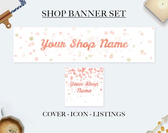 Etsy shop banner set, etsy cover banner, pink confetti banner, watercolor banners, premade banner set, shop graphic, pink gold confetti