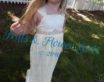 Boho Flower Girl Dress Ivory Lace Boho Flower Girl Dress Ivory Boho Dress Girls Junior Bridesmaid Dress Sizes 2T up to Girls Size 12