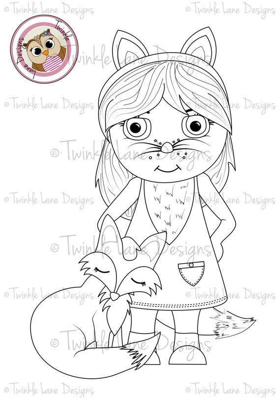 Fifi and Fox Cub Digi Stamp, Woodland Animals,Costume, Girl Character, Wild Animal, Colouring Page, Instant Download, Printable Card Topper