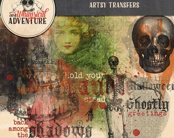 Chandelier, Skull and Skeleton, Spooky Halloween Rub-on Digital Overlays, Digital Scrapbooking, Instant Download, Paint, Something Wicked