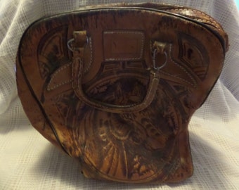 Vintage Tooled Leather Bowling bag with Horse and Mayan design
