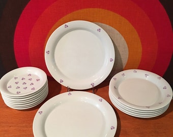 Rare Dansk Designs Austria, Lavender / Grey Tri-Dots Plates, 15 Pc. Set - Two Dinner Plates, Eight Bread Plates, Five Salad Plates