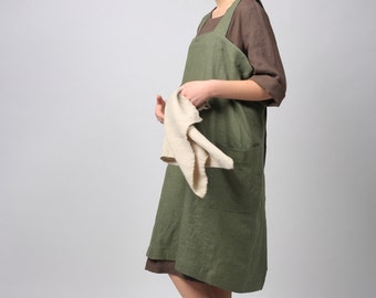 LINEN PINAFORE DRESS - criss cross / linen dress / women linen clothing / smock / apron / No-ties Apron