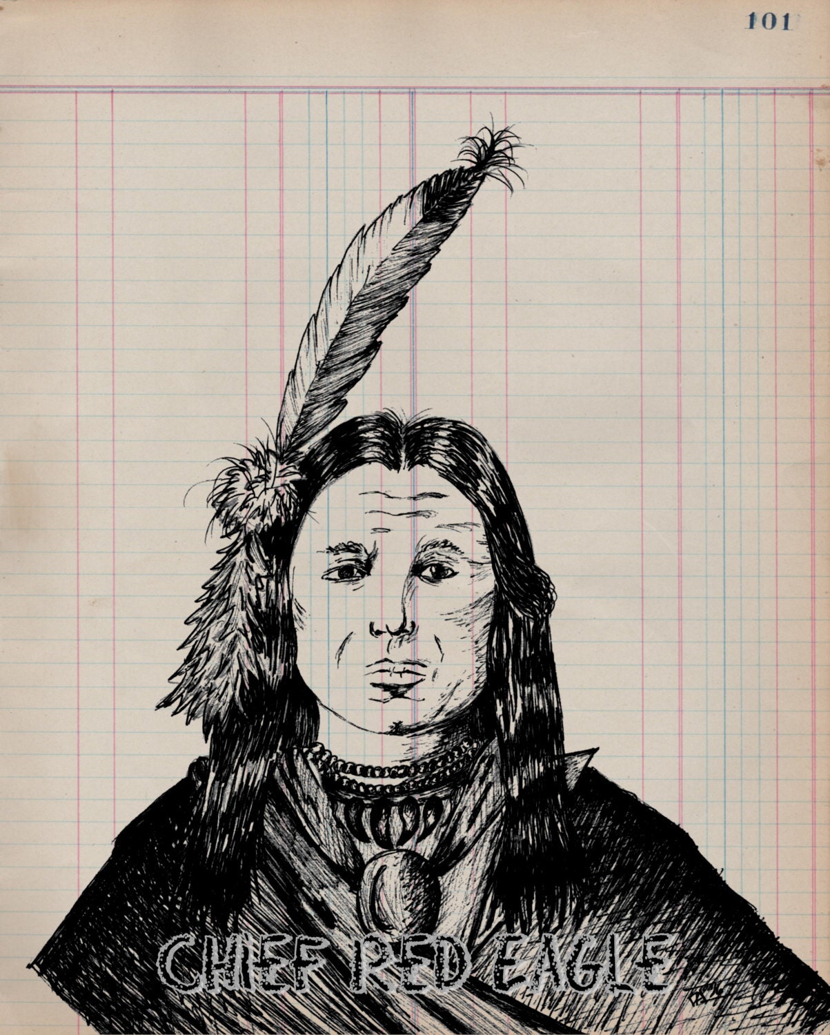 Chief Red Eagle Native American On 19th Century Antique Ledger