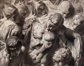 1884 original print - Déposition de croix - Descent from the Cross - gravure engraving - Louvre - bas-relief attributed to michelangelo