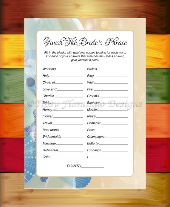 Beach Theme Bridal Shower Game Finish The Bride's