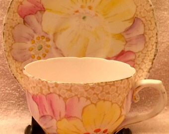 1940s Tuscan Fine English Bone China Tea Cup and Saucer Yellow and Pink Flowers Gold Trim