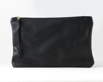Black Leather Clutch. Large Leather Pouch. Soft Leather Bag