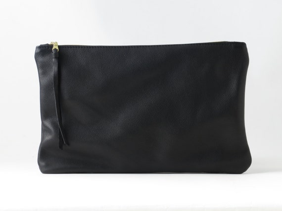 Black Leather Clutch. Large Leather Pouch. Soft Leather Bag