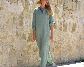 JEFF caftan. Women's almond green linen kaftan. Loose fit. Stylish tunic. Comfortable loungewear.