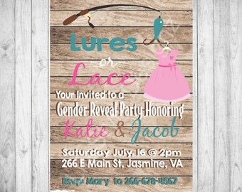 Lures or Lace Gender Reveal Invitation, Rustic Baby Shower, Printable Party Invite, Fishing - Lace - Pink - Blue - Diaper Party
