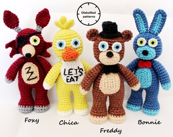 Five Nights at Freddy's FNAF CROCHET PATTERNS characters - Freddy, Bonny, Foxy and Chica (amigurumi patterns). 4 in 1!