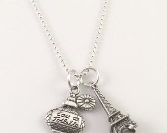 Eiffel tower necklace, Paris Necklace, charm necklace, Parfume charm, personalized jewelry, French fashion, perfume bottle, gift for her