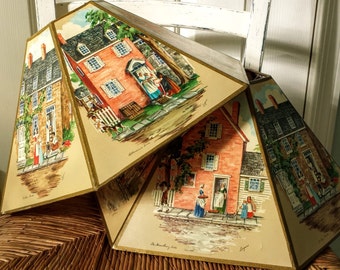 Vintage & RARE Folk Art Lamp Shades 6 Panels Each With Signed Lithographs Of Early Americana By Morris And Bendien Of NY Signed By Logan.
