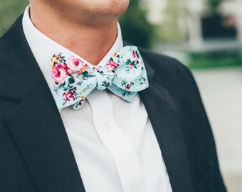 Men's Aqua And Pink - Self Tie Bow Tie| Flower | Self Tie | Bow Tie | Bowtie | Floral | Wedding | Groom | Gift | Ideas | for him