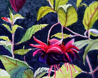 Original Signed Watercolor Fushia Tina Chong
