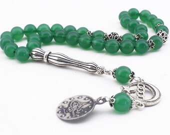 33 Count 8mm Green Agate Carnelian Aqeeq Gemstone Prayer Beads with 925K Silver Tassel Tasbih Islamic Rosary FREE SHIPPING