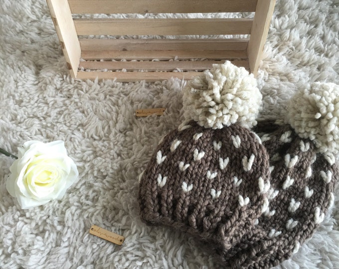 Mama and Me matching Knit Slouchy Beanie Hat With Large Pom Pom//THE TUMBLEWEED SET//Fisherman and Taupe