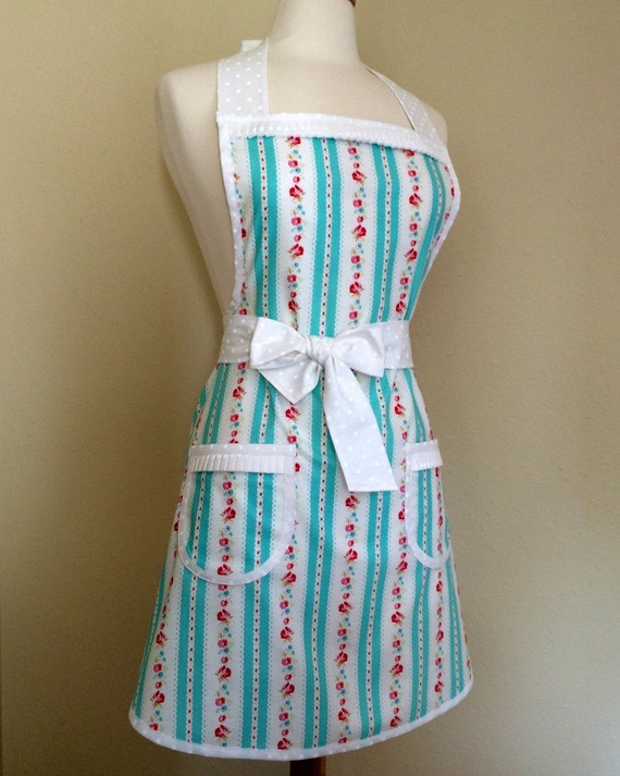 Retro apron/Turquoise white and pink floral rose print/polka