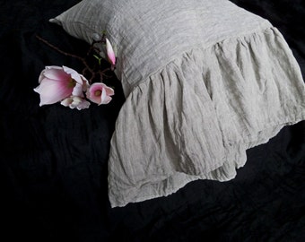 GREY(oatmeal) linen pillow shams with long ruffle black ruffled pillowcase standard queen king euro natural pure linen bedding eco gift
