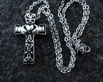 Irish Celtic Cross Cremation Jewelry Stainless Steel Cremation Pendant With Claddagh Symbol | Ashes Necklace | Urn Necklace For Ashes 8025