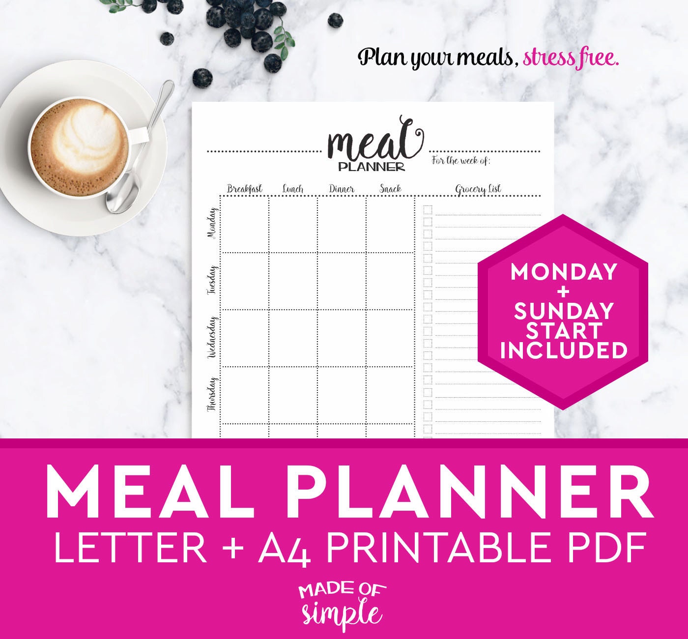 Meal Planner PRINTABLE A4 Letter grocery shopping list