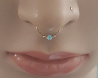 Azure Opal 2mm septum ring, nose piercing,20 - 22 Gauge, 6 - 10mm inner diameter, gold septum ring, silver nose hoop,october's birthstone