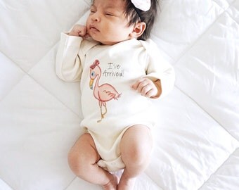Organic Baby Bodysuit, Organic Cotton Bodysuit, Organic Baby Girl Gift, Flamingo Baby Clothes, I've Arrived Flamingo, Flamingo Baby Bodysuit