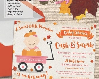 Watercolors Little Pumpkin Baby Shower invitations Pumpkin Sweet little pumpkin DIY printable baby shower invite boy and girl red wagon