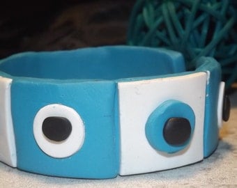 Bracelet polymer clay, turquoise/white/black, Handmade